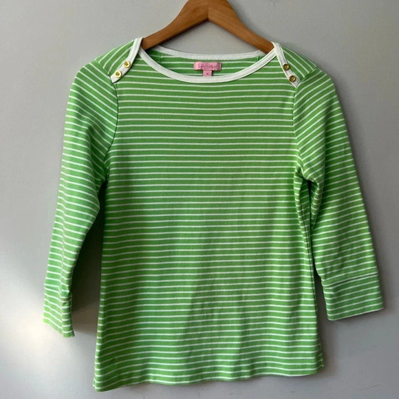 Lilly Pulitzer Tops - Lilly Pulitzer Top Green & White Stripes Boat Neck 3/4 Sleeves Size Medium